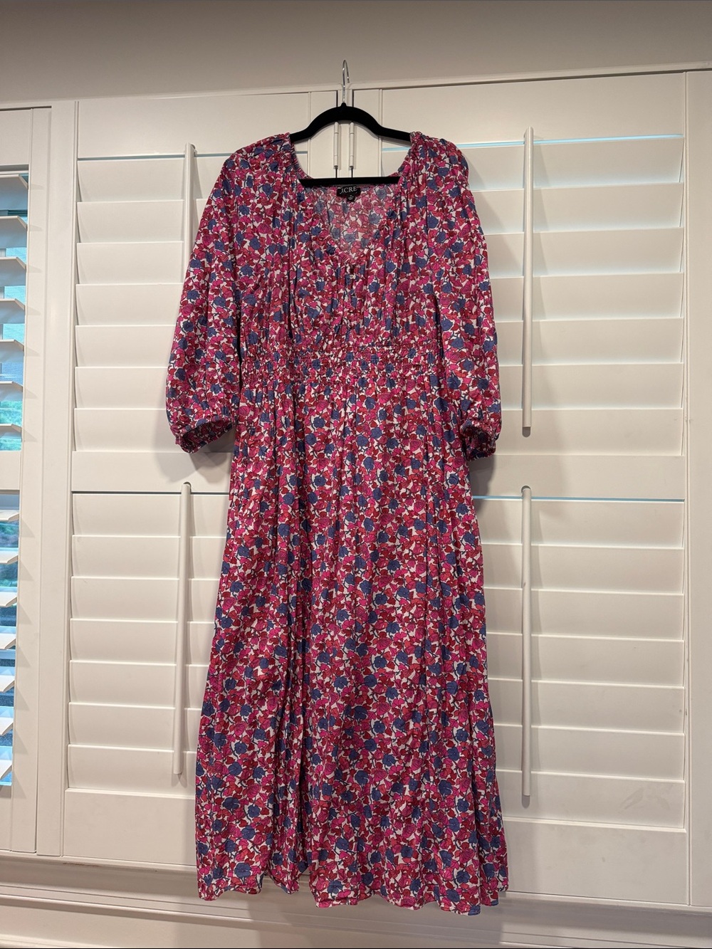J. Crew Pink Floral Midi Dress with Blue Accents